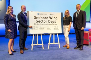 Pictured left to right are: Claire Mack, Scottish Renewables, Neil Gray, Cabinet Secretary for Wellbeing Economy, Fair Work and Energy, Gillian Martin, Minister for Energy and the Environment and Barry Carruthers, Chair of the G12/S5 Onshore Wind Sector Working Group Onshore Wind Sector Deal will speed up Scotlands net zero ambitions