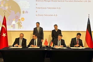 (from left): Neşet Cireli (Board Member Polat Enerji),Kayahan Karadaş (CEO İş Enerji and Board Member Polat Enerji), Udo Bauer (CEO Enercon), Arif Günyar (Enercon Regional Head Central Asia, Middle East andAfrica). In the background (from left): Turkish Energy Minister AlparslanBayraktar and German Federal Minister of Economics Robert Habeck Enercon signs letter of intent to install 2500MW in Turkey and surrounding regions