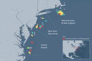 Map indicating the locations of LiDAR deployments in the TGS multi-client wind and metocean campaign offshore the U.S. East Coast in relation to wind farms and lease areas ACP US Wind Metocean LiDAR Maps East Coast and West Coast w logo